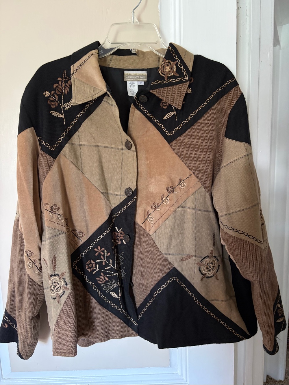 Coldwater Creek Embroidered Patchwork Jean Jacket - Tan & Black